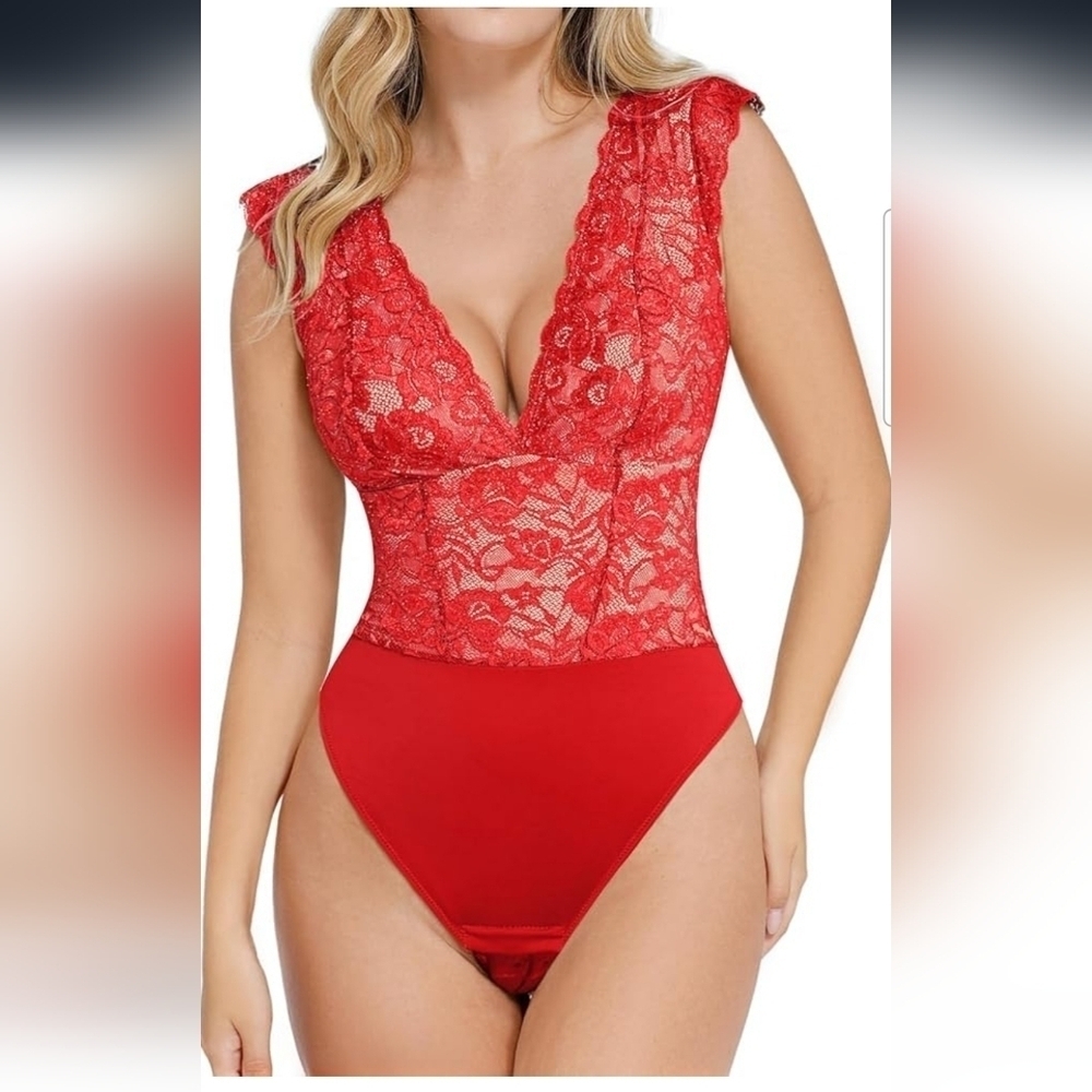 Popilush Red Lace Cap Sleeve Shapewear Tummy Control Going Out Top Bodysuit XXL